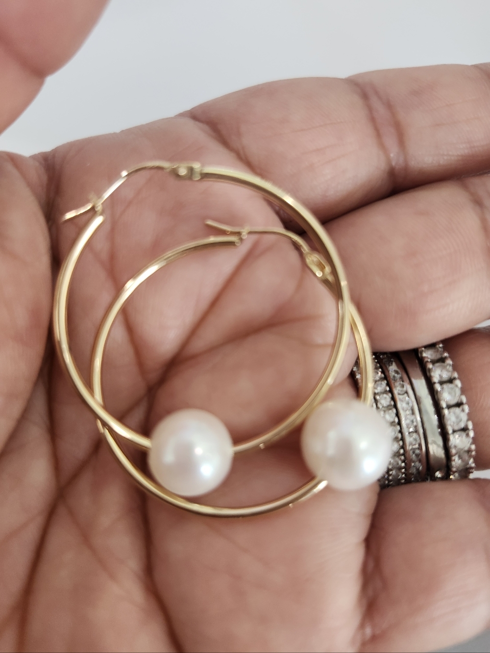 14k Yellow Gold Hoop & White Pearl Dangles